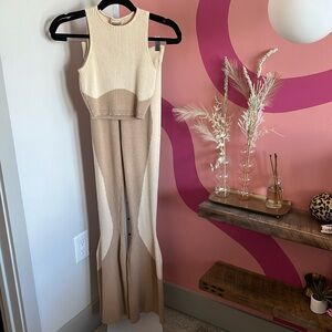 Maniere de Voir Tan Knit Cropped Tank and Flared Pant Set in Size Small